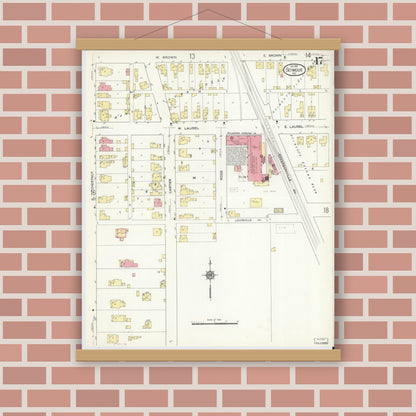 Old map wall art mockup — magnetic wood frame on brick wall — Sanborn Fire Insurance Map from Seymour, Jackson County, Indiana (1913), Sheet #0017