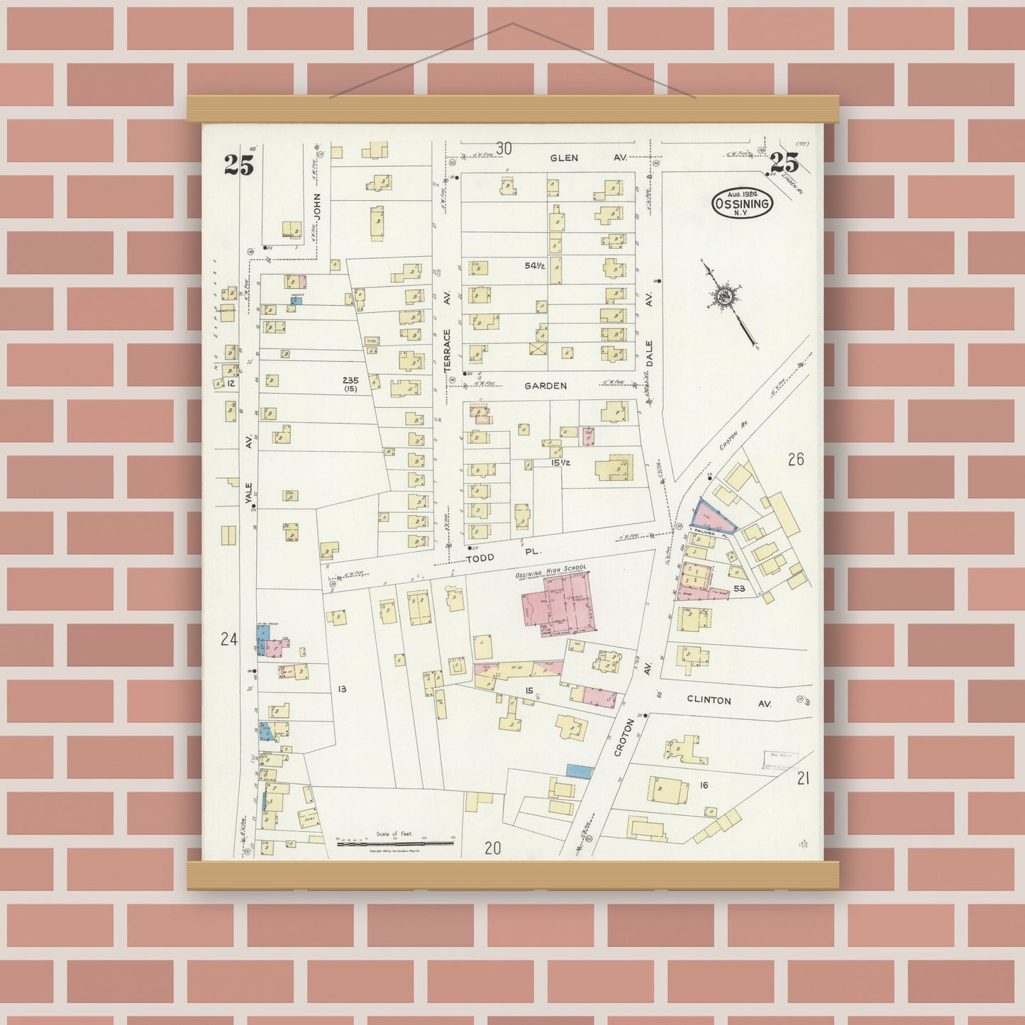 Old map wall art mockup — magnetic wood frame on brick wall — Sanborn Fire Insurance Map from Ossining, Westchester County, New York (1924), Sheet #0025