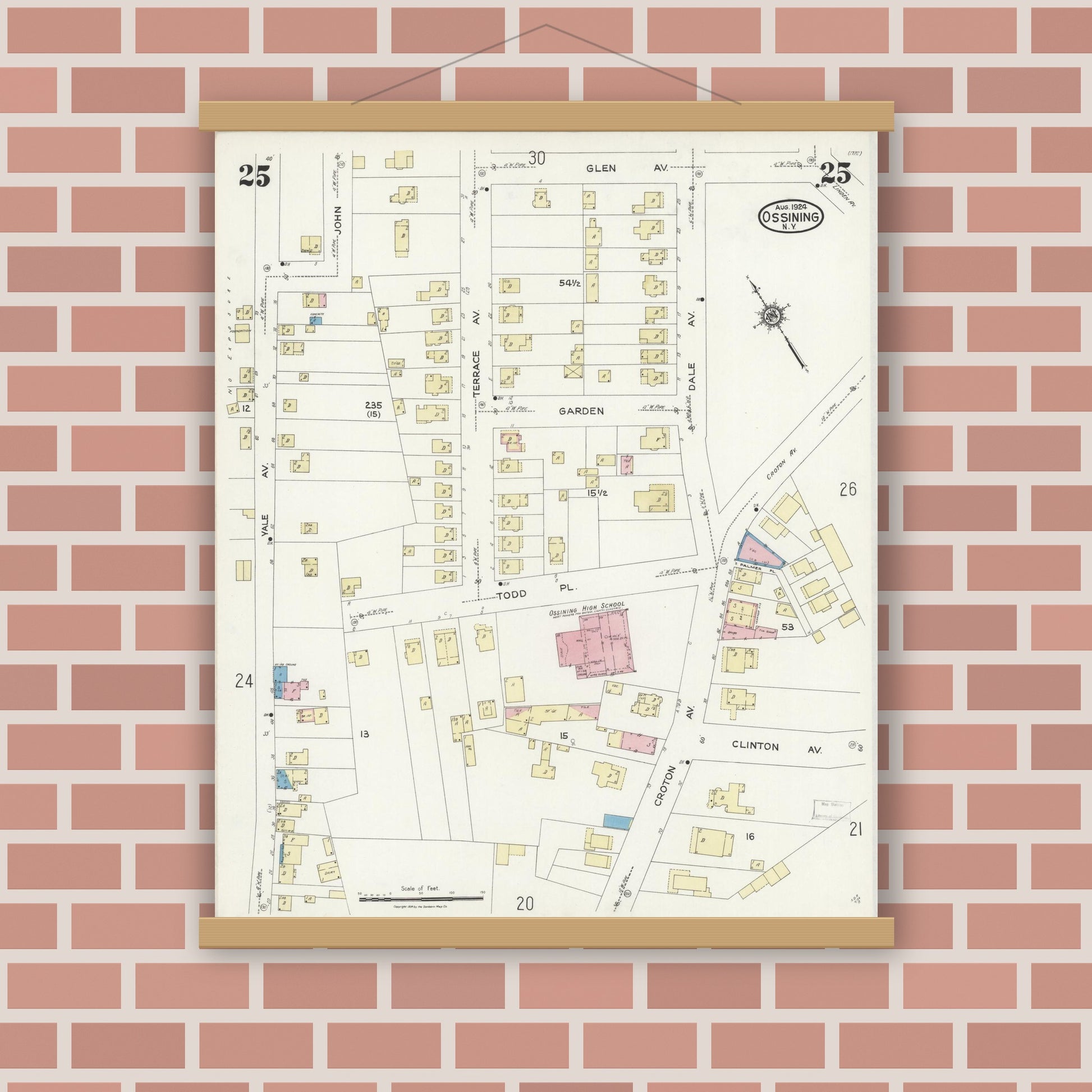 Old map wall art mockup — magnetic wood frame on brick wall — Sanborn Fire Insurance Map from Ossining, Westchester County, New York (1924), Sheet #0025