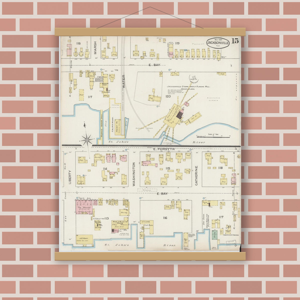 Old map wall art mockup — magnetic wood frame on brick wall — Sanborn Fire Insurance Map from Jacksonville, Duval County, Florida (1887), Sheet #0015
