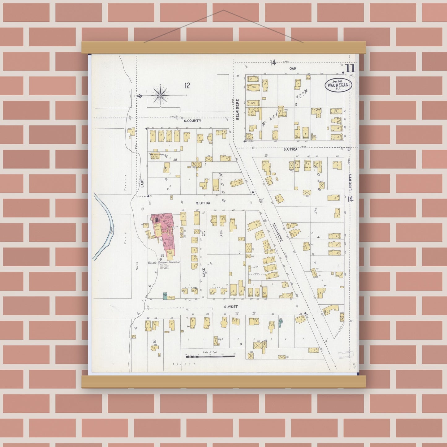 Old map wall art mockup — magnetic wood frame on brick wall — Sanborn Fire Insurance Map from Waukegan, Lake County, Illinois (1906), Sheet #0011