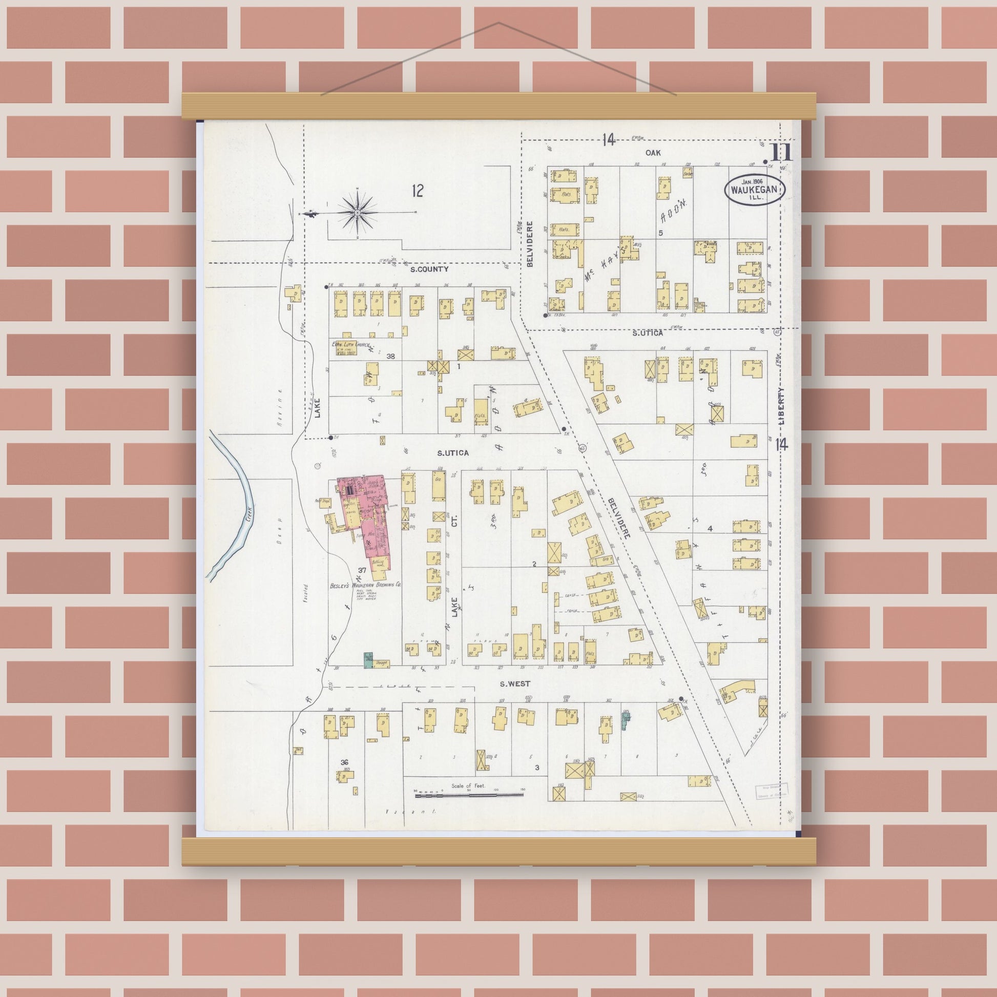 Old map wall art mockup — magnetic wood frame on brick wall — Sanborn Fire Insurance Map from Waukegan, Lake County, Illinois (1906), Sheet #0011
