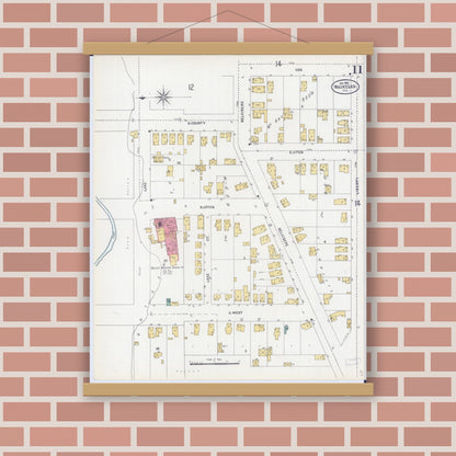 Old map wall art mockup — magnetic wood frame on brick wall — Sanborn Fire Insurance Map from Waukegan, Lake County, Illinois (1906), Sheet #0011