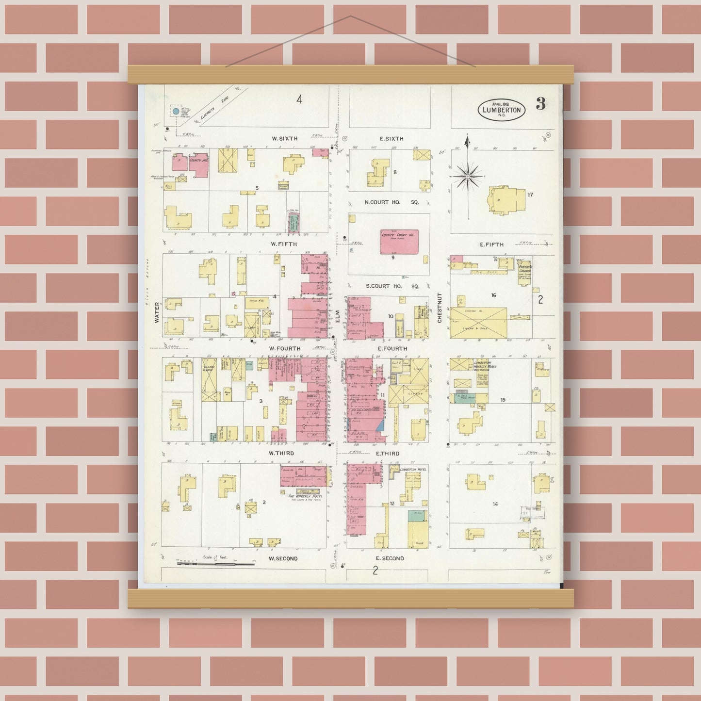 Old map wall art mockup — magnetic wood frame on brick wall — Sanborn Fire Insurance Map from Lumberton, Robeson County, North Carolina (1908), Sheet #0003