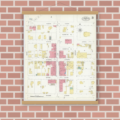 Old map wall art mockup — magnetic wood frame on brick wall — Sanborn Fire Insurance Map from Lumberton, Robeson County, North Carolina (1908), Sheet #0003