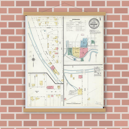 Old map wall art mockup — magnetic wood frame on brick wall — Sanborn Fire Insurance Map from Navarre, Stark County, Ohio (1911), Sheet #0001