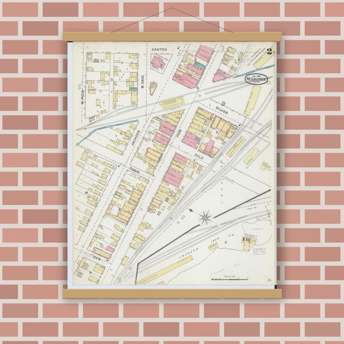 Old map wall art mockup — magnetic wood frame on brick wall — Sanborn Fire Insurance Map from Negaunee, Marquette County, Michigan (1892), Sheet #0002