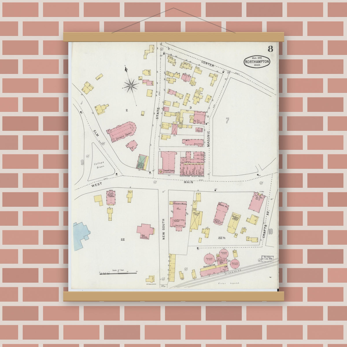 Old map wall art mockup — magnetic wood frame on brick wall — Sanborn Fire Insurance Map from Northampton, Hampshire County, Massachusetts (1895), Sheet #0008