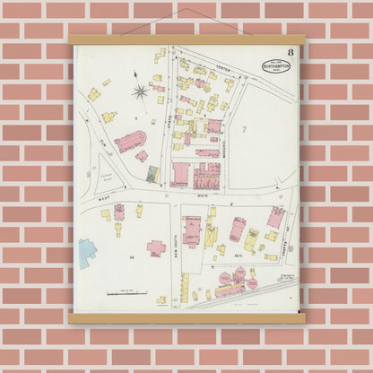 Old map wall art mockup — magnetic wood frame on brick wall — Sanborn Fire Insurance Map from Northampton, Hampshire County, Massachusetts (1895), Sheet #0008