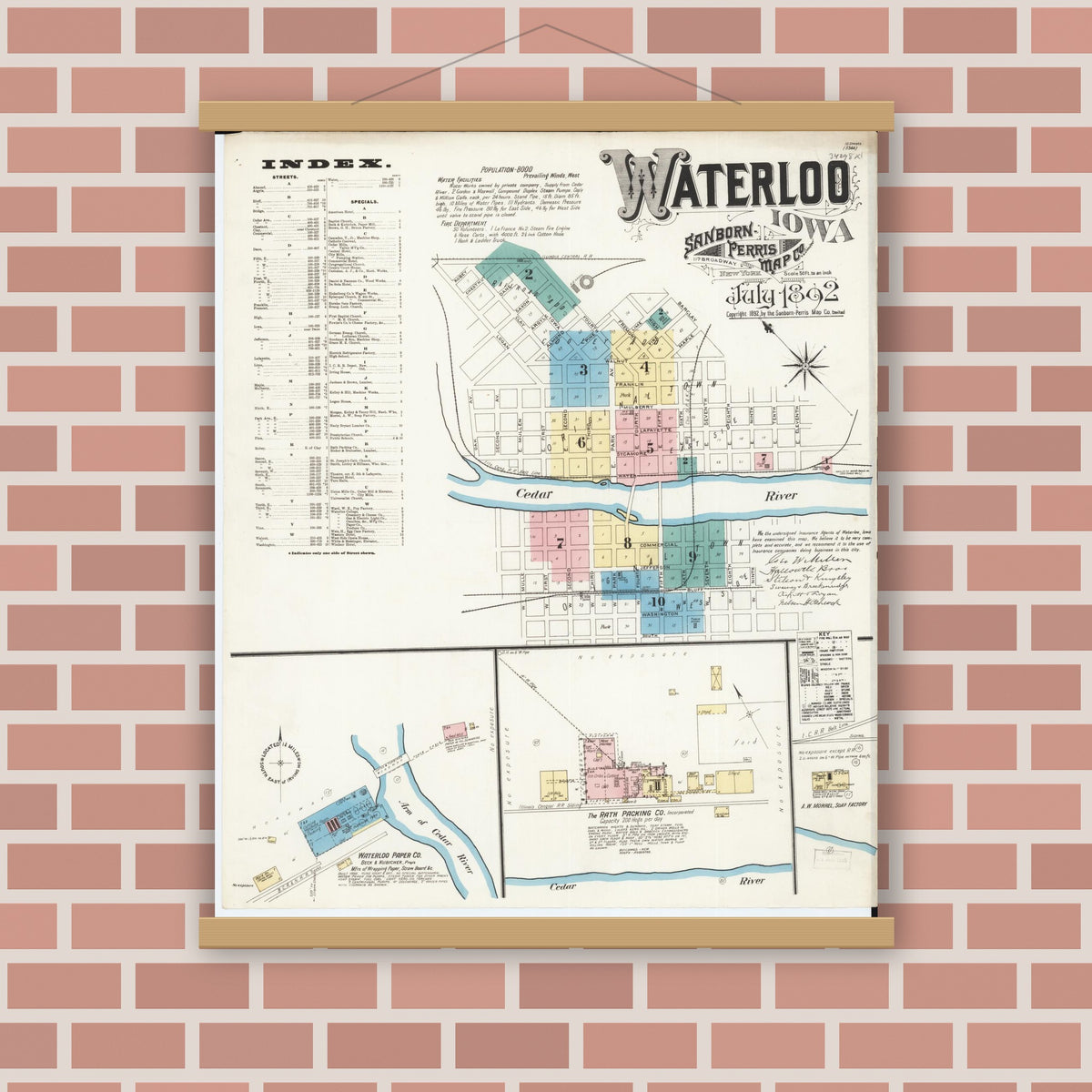 Old map wall art mockup — magnetic wood frame on brick wall — Sanborn Fire Insurance Map from Waterloo, Black Hawk County, Iowa (1892) â€” Complete Set