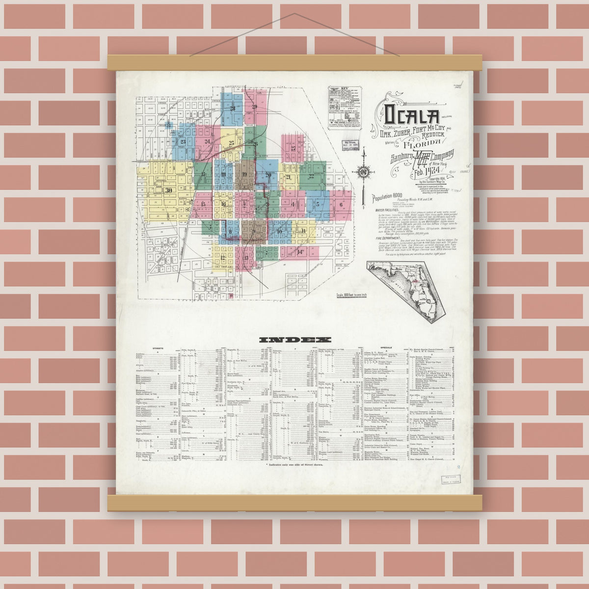 Old map wall art mockup — magnetic wood frame on brick wall — Sanborn Fire Insurance Map from Ocala, Marion County, Florida (1924) - Complete Map Set