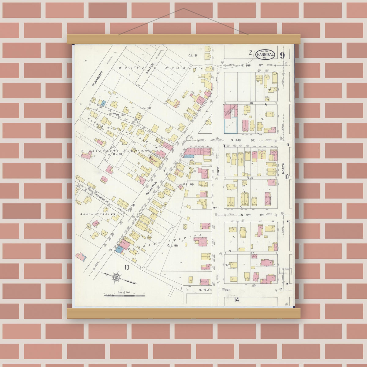 Old map wall art mockup — magnetic wood frame on brick wall — Sanborn Fire Insurance Map from Hannibal, Marion County, Missouri (1913), Sheet #0009