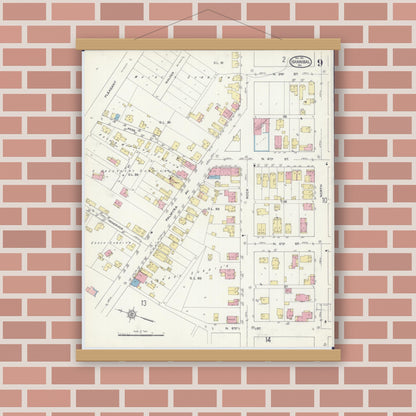 Old map wall art mockup — magnetic wood frame on brick wall — Sanborn Fire Insurance Map from Hannibal, Marion County, Missouri (1913), Sheet #0009
