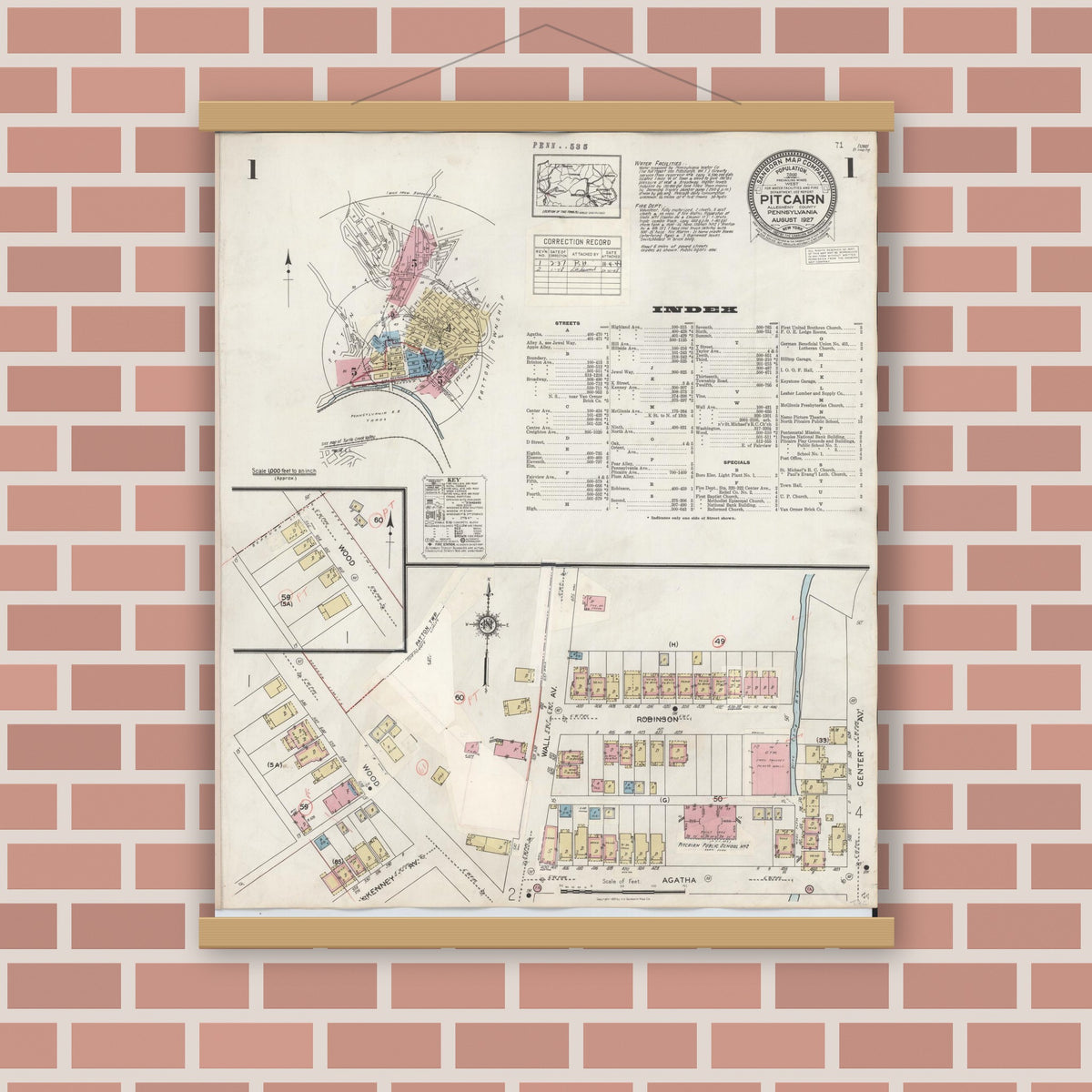 Old map wall art mockup — magnetic wood frame on brick wall — Sanborn Fire Insurance Map from Pitcairn, Allegheny County, Pennsylvania (1948), Sheet #0001