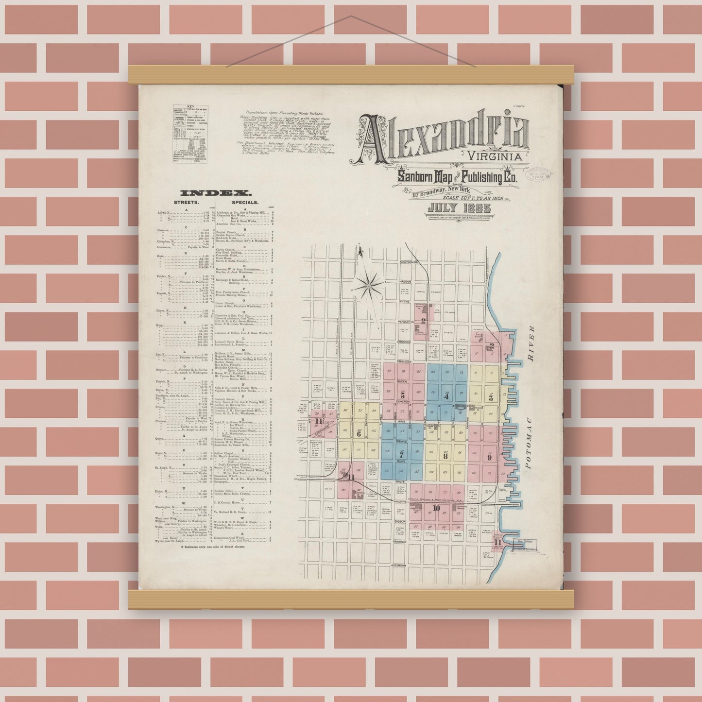 Old map wall art mockup — magnetic wood frame on brick wall — Sanborn Fire Insurance Map from Alexandria, Independent Cities, Virginia (1885) - Complete Map Set