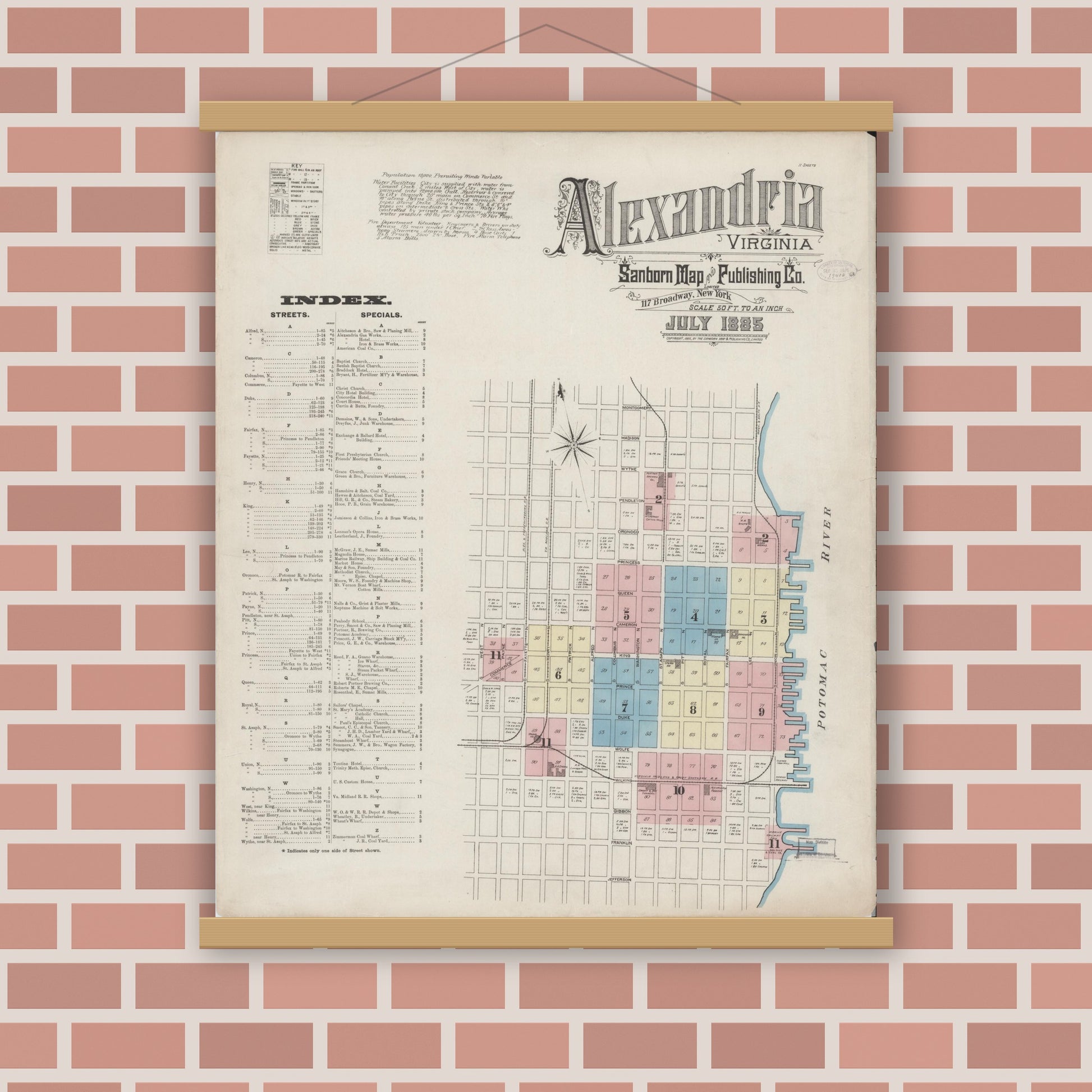 Old map wall art mockup — magnetic wood frame on brick wall — Sanborn Fire Insurance Map from Alexandria, Independent Cities, Virginia (1885) - Complete Map Set