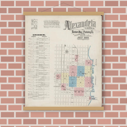 Old map wall art mockup — magnetic wood frame on brick wall — Sanborn Fire Insurance Map from Alexandria, Independent Cities, Virginia (1885) - Complete Map Set