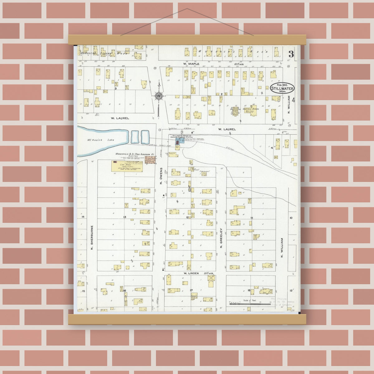 Old map wall art mockup — magnetic wood frame on brick wall — Sanborn Fire Insurance Map from Stillwater, Washington County, Minnesota (1910), Sheet #0003