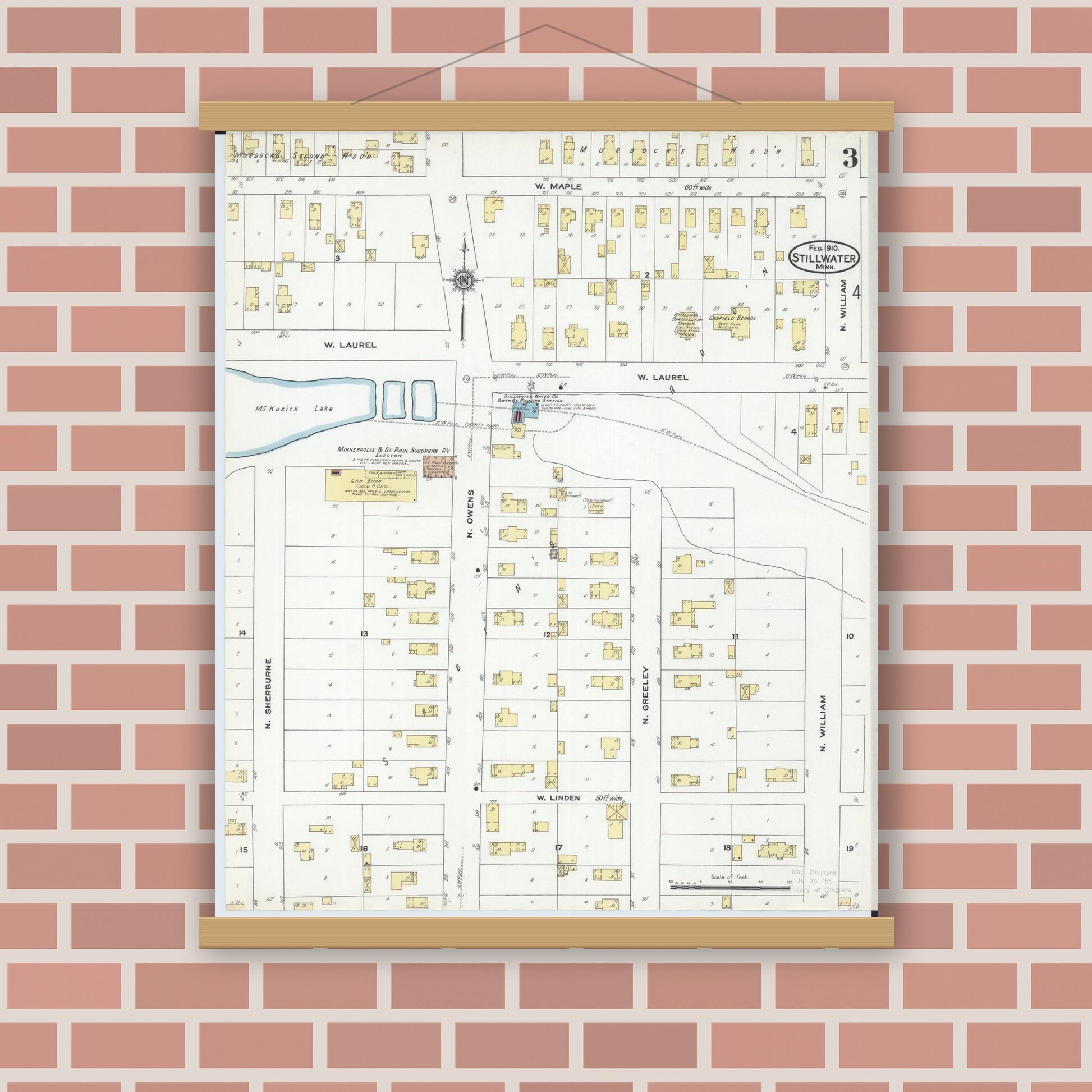 Old map wall art mockup — magnetic wood frame on brick wall — Sanborn Fire Insurance Map from Stillwater, Washington County, Minnesota (1910), Sheet #0003