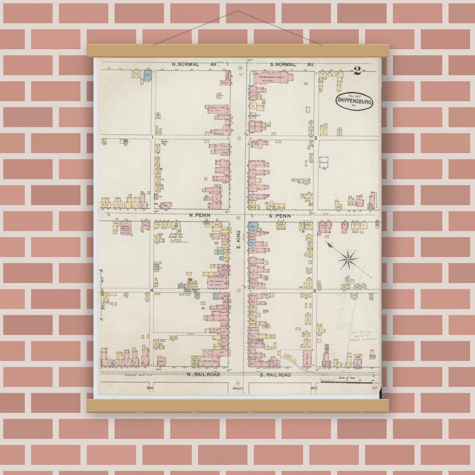 Old map wall art mockup — magnetic wood frame on brick wall — Sanborn Fire Insurance Map from Shippensburg, Cumberland And Franklin Counties, Pennsylvania (1887), Sheet #0002