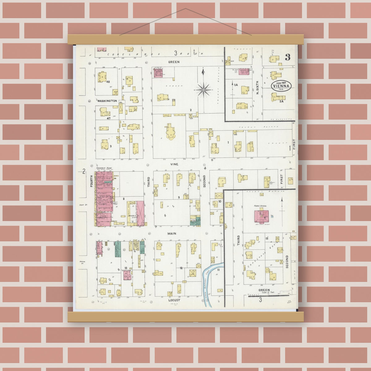 Old map wall art mockup — magnetic wood frame on brick wall — Sanborn Fire Insurance Map from Vienna, Johnson County, Illinois (1907), Sheet #0003