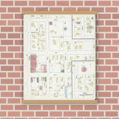 Old map wall art mockup — magnetic wood frame on brick wall — Sanborn Fire Insurance Map from Vienna, Johnson County, Illinois (1907), Sheet #0003