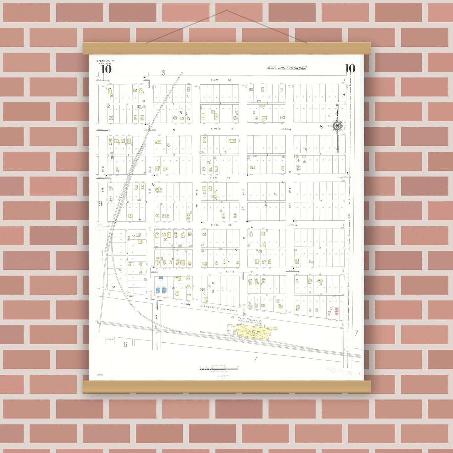 Old map wall art mockup — magnetic wood frame on brick wall — Sanborn Fire Insurance Map from Spencer, Clay County, Iowa (1941), Sheet #0010