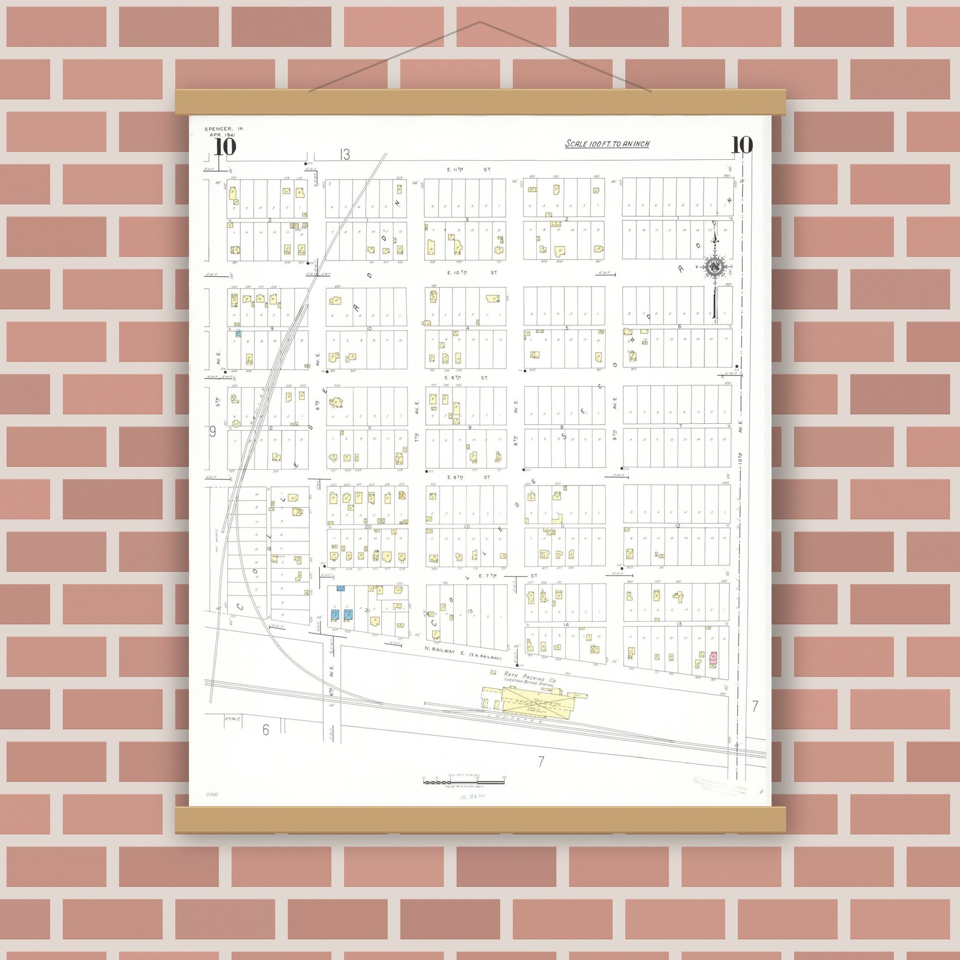 Old map wall art mockup — magnetic wood frame on brick wall — Sanborn Fire Insurance Map from Spencer, Clay County, Iowa (1941), Sheet #0010