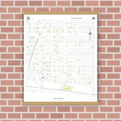 Old map wall art mockup — magnetic wood frame on brick wall — Sanborn Fire Insurance Map from Spencer, Clay County, Iowa (1941), Sheet #0010