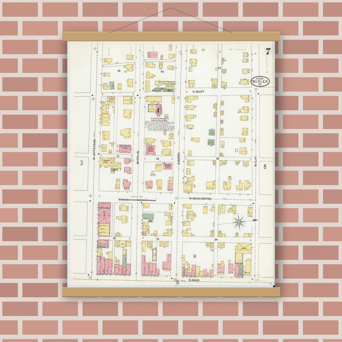 Old map wall art mockup — magnetic wood frame on brick wall — Sanborn Fire Insurance Map from Butler, Butler County, Pennsylvania (1901), Sheet #0007