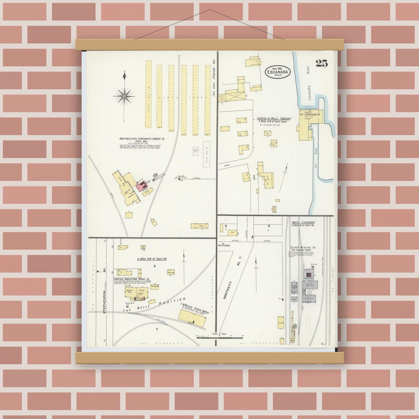 Old map wall art mockup — magnetic wood frame on brick wall — Sanborn Fire Insurance Map from Escanaba, Delta County, Michigan (1906), Sheet #0025