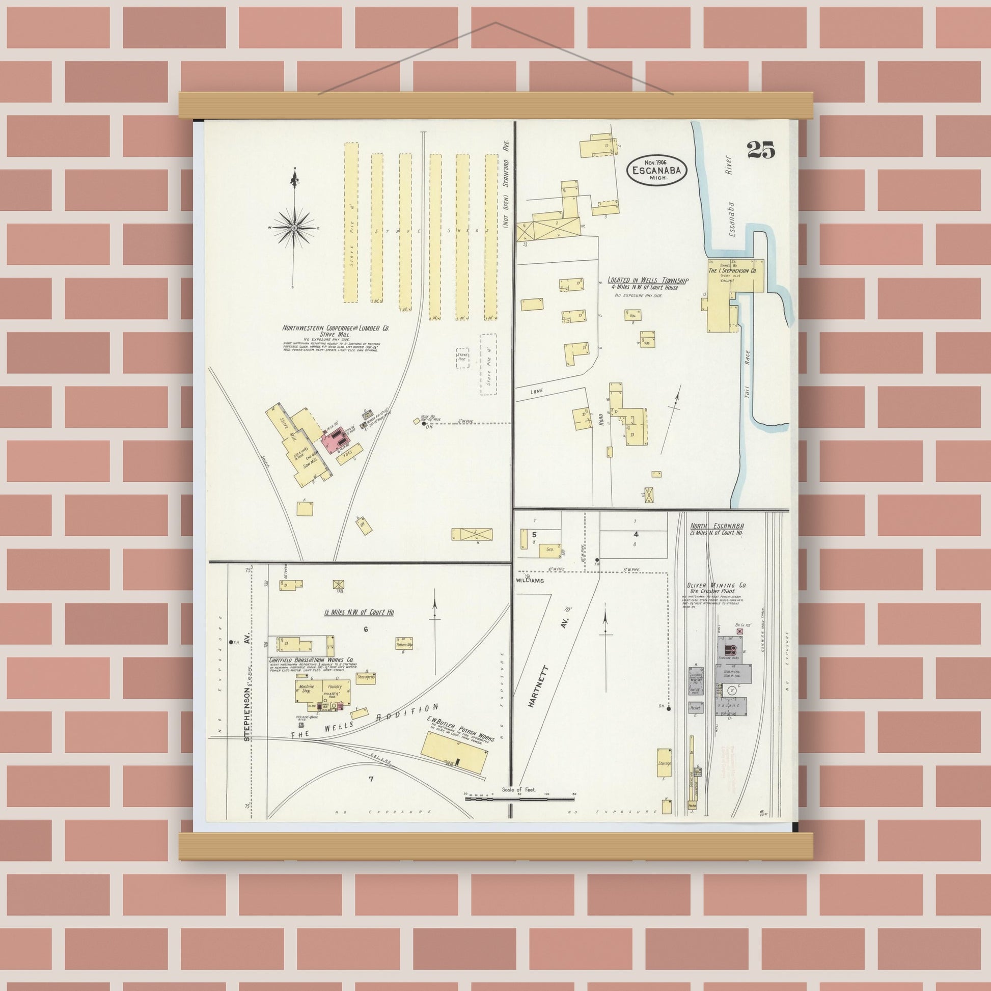 Old map wall art mockup — magnetic wood frame on brick wall — Sanborn Fire Insurance Map from Escanaba, Delta County, Michigan (1906), Sheet #0025