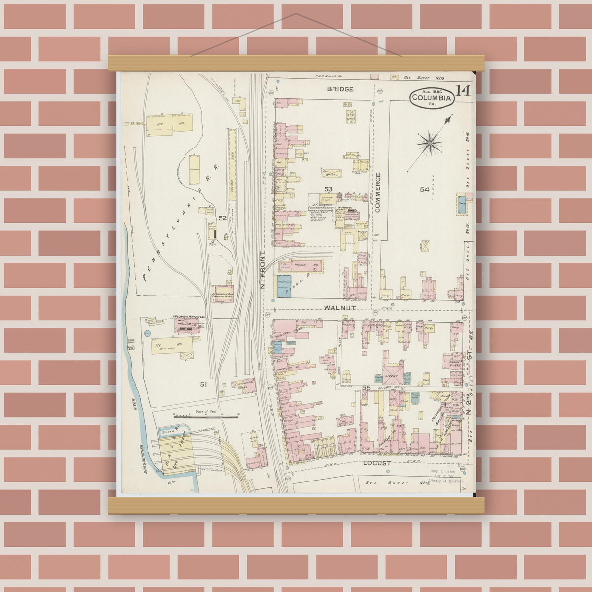 Old map wall art mockup — magnetic wood frame on brick wall — Sanborn Fire Insurance Map from Columbia, Lancaster County, Pennsylvania (1886), Sheet #0014