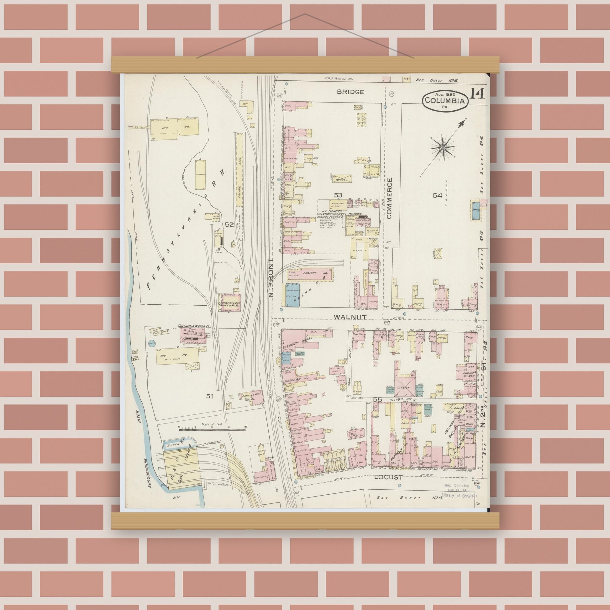 Old map wall art mockup — magnetic wood frame on brick wall — Sanborn Fire Insurance Map from Columbia, Lancaster County, Pennsylvania (1886), Sheet #0014