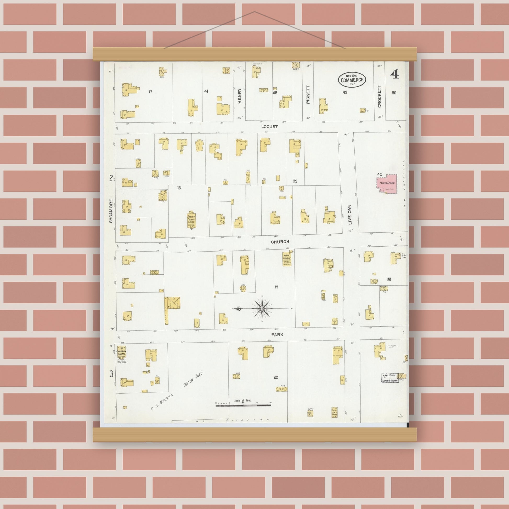 Old map wall art mockup — magnetic wood frame on brick wall — Sanborn Fire Insurance Map from Commerce, Hunt County, Texas (1901), Sheet #0004