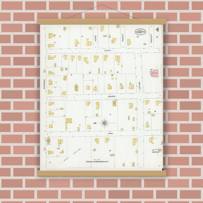 Old map wall art mockup — magnetic wood frame on brick wall — Sanborn Fire Insurance Map from Commerce, Hunt County, Texas (1901), Sheet #0004