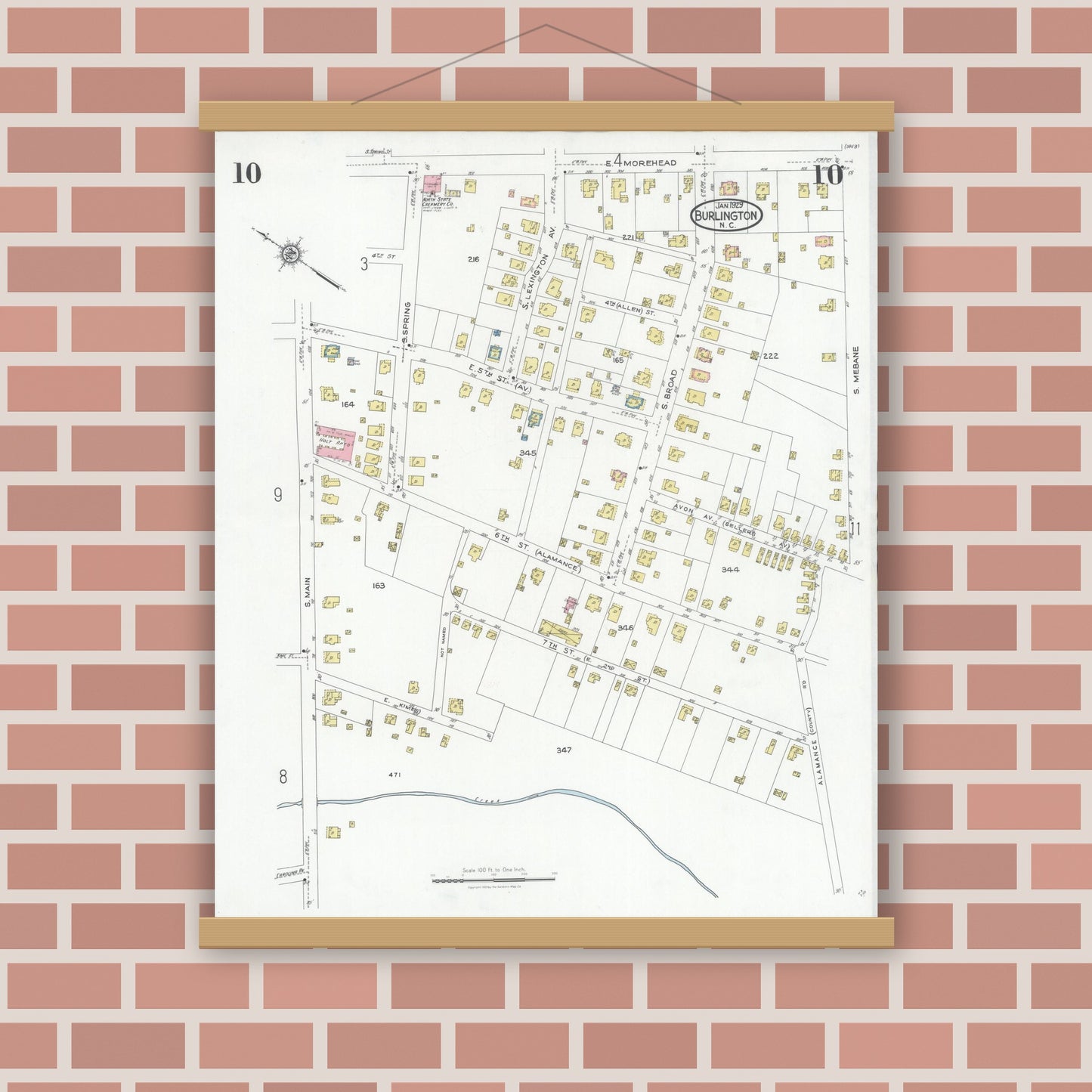 Old map wall art mockup — magnetic wood frame on brick wall — Sanborn Fire Insurance Map from Burlington, Alamance County, North Carolina (1929), Sheet #0010