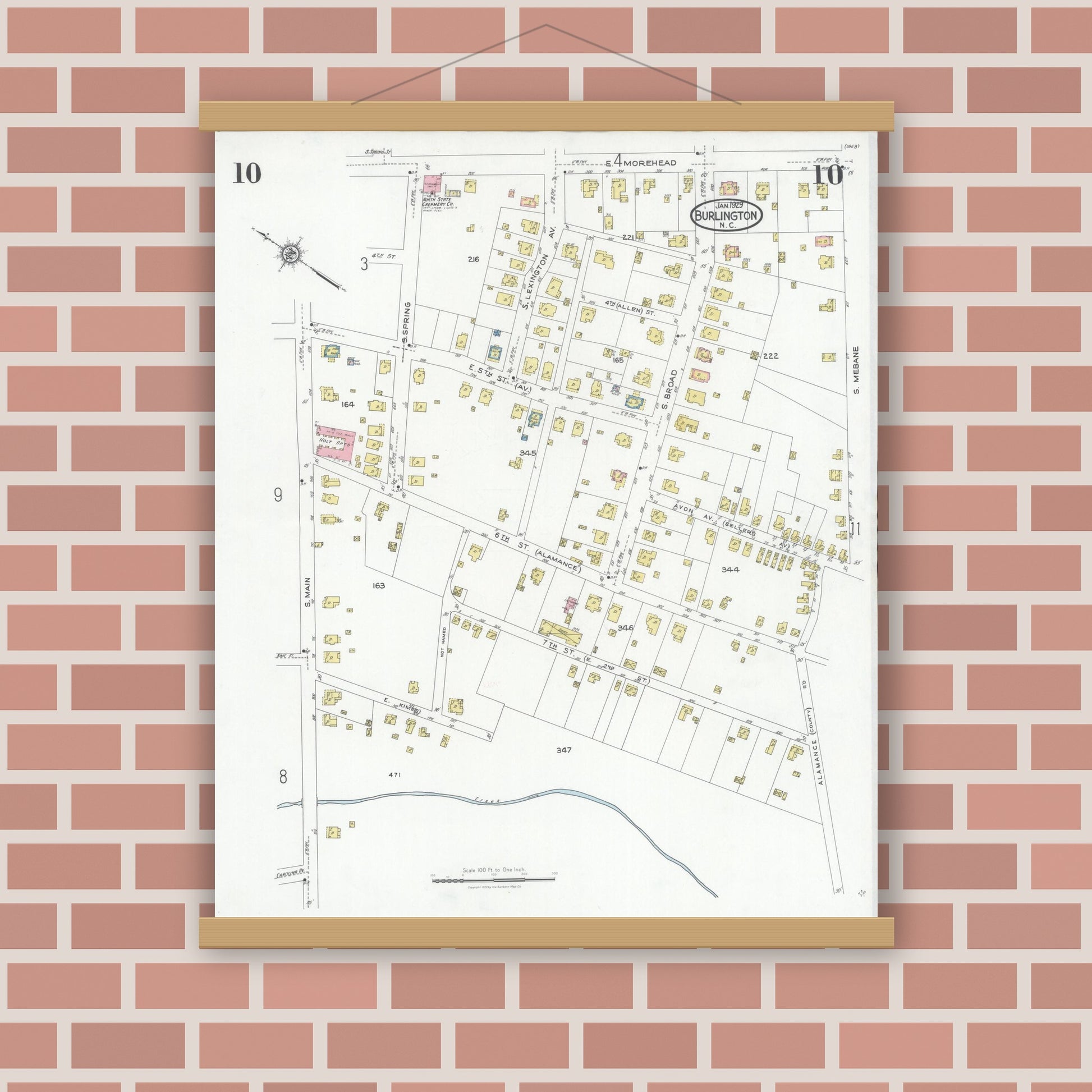 Old map wall art mockup — magnetic wood frame on brick wall — Sanborn Fire Insurance Map from Burlington, Alamance County, North Carolina (1929), Sheet #0010