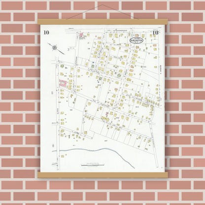 Old map wall art mockup — magnetic wood frame on brick wall — Sanborn Fire Insurance Map from Burlington, Alamance County, North Carolina (1929), Sheet #0010