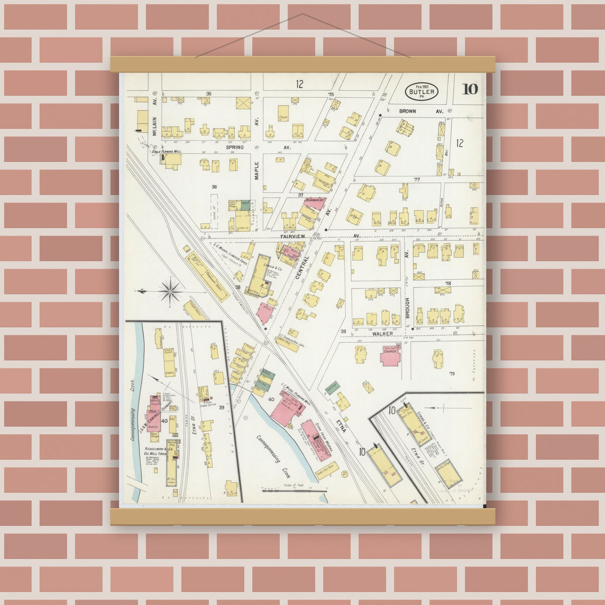 Old map wall art mockup — magnetic wood frame on brick wall — Sanborn Fire Insurance Map from Butler, Butler County, Pennsylvania (1901), Sheet #0010
