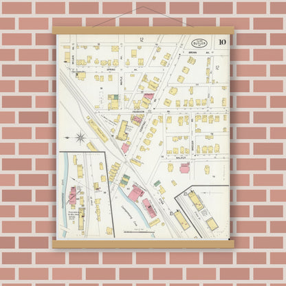 Old map wall art mockup — magnetic wood frame on brick wall — Sanborn Fire Insurance Map from Butler, Butler County, Pennsylvania (1901), Sheet #0010