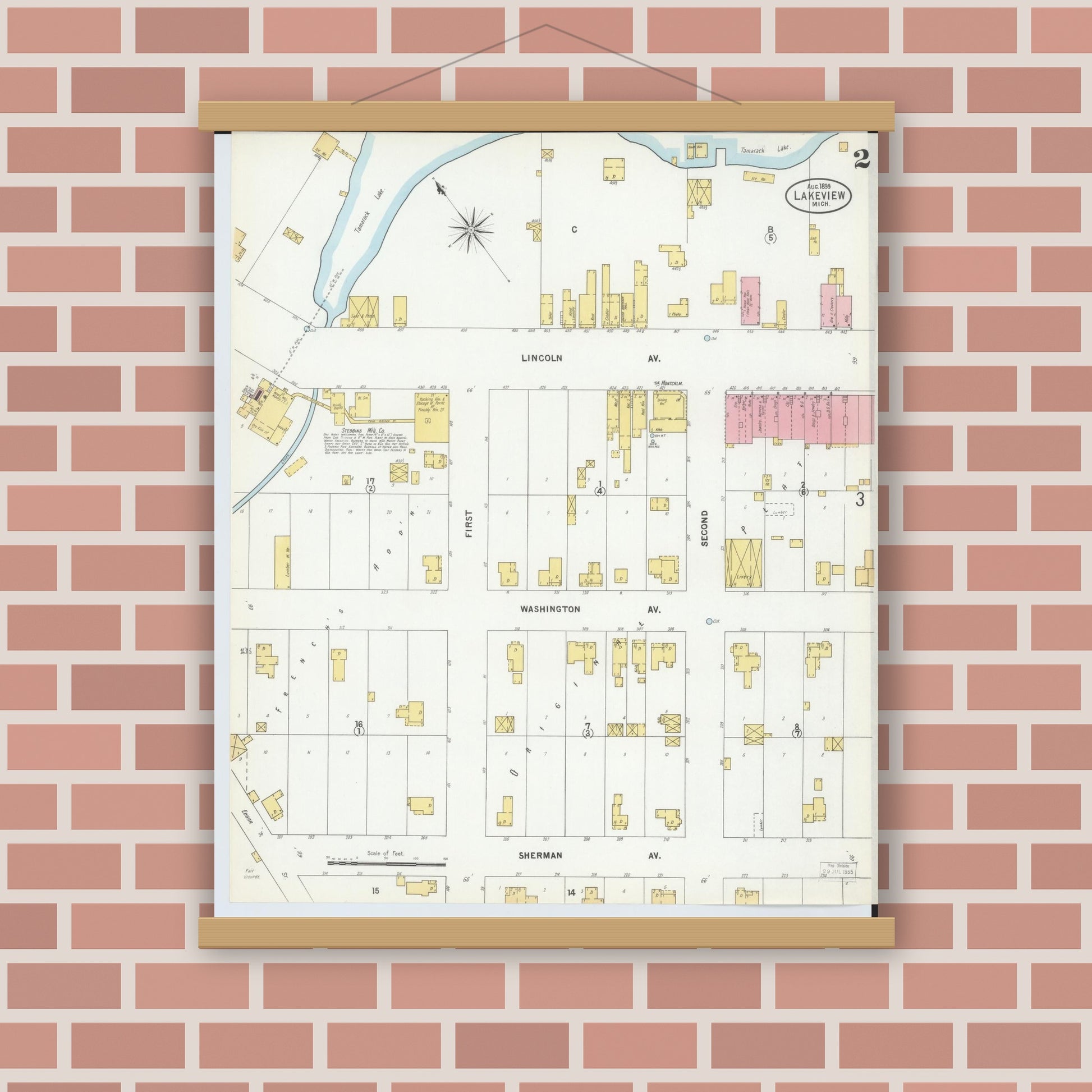 Old map wall art mockup — magnetic wood frame on brick wall — Sanborn Fire Insurance Map from Lakeview, Montcalm County, Michigan (1899), Sheet #0002