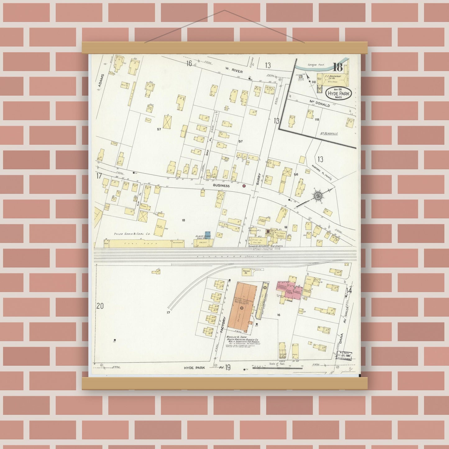 Old map wall art mockup — magnetic wood frame on brick wall — Sanborn Fire Insurance Map from Hyde Park, Norfolk County, Massachusetts (1911), Sheet #0018