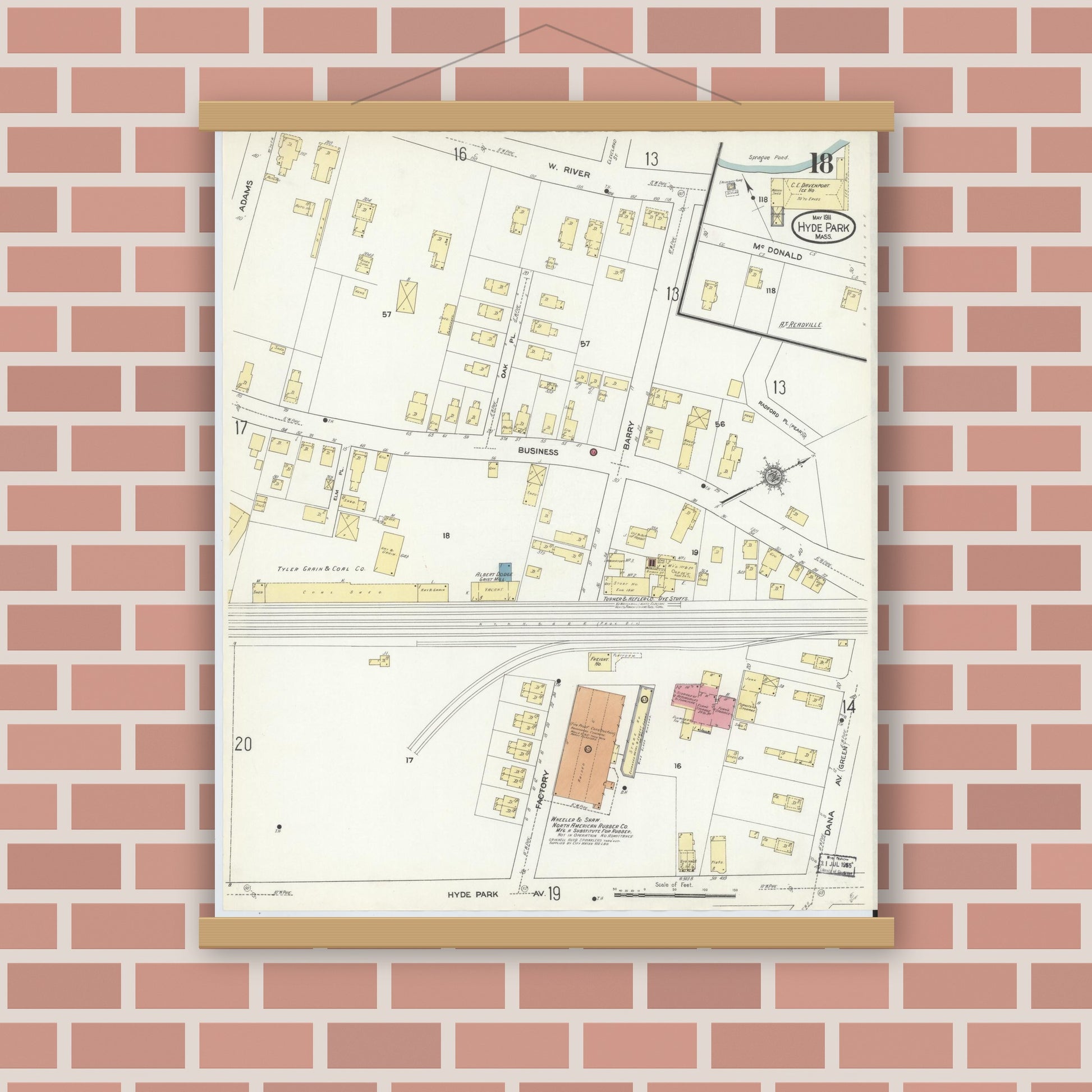 Old map wall art mockup — magnetic wood frame on brick wall — Sanborn Fire Insurance Map from Hyde Park, Norfolk County, Massachusetts (1911), Sheet #0018