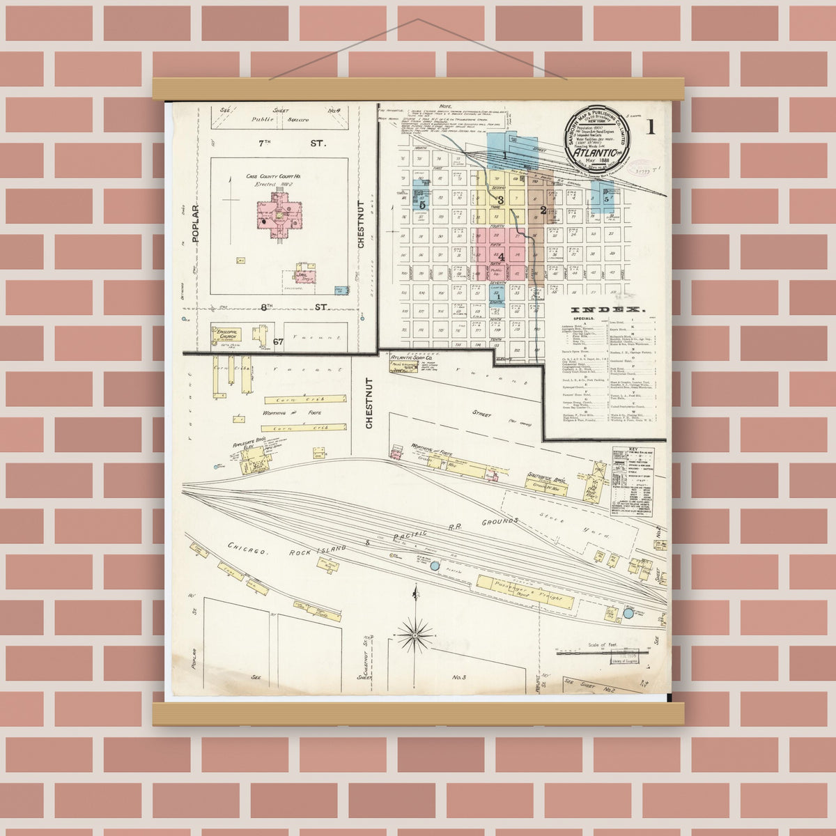 Old map wall art mockup — magnetic wood frame on brick wall — Sanborn Fire Insurance Map from Atlantic, Cass County, Iowa (1888) â€” Complete Set