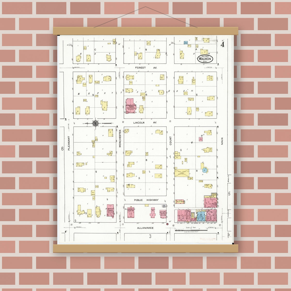 Old map wall art mockup — magnetic wood frame on brick wall — Sanborn Fire Insurance Map from Waukon, Allamakee County, Iowa (1920), Sheet #0004