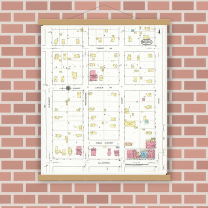 Old map wall art mockup — magnetic wood frame on brick wall — Sanborn Fire Insurance Map from Waukon, Allamakee County, Iowa (1920), Sheet #0004