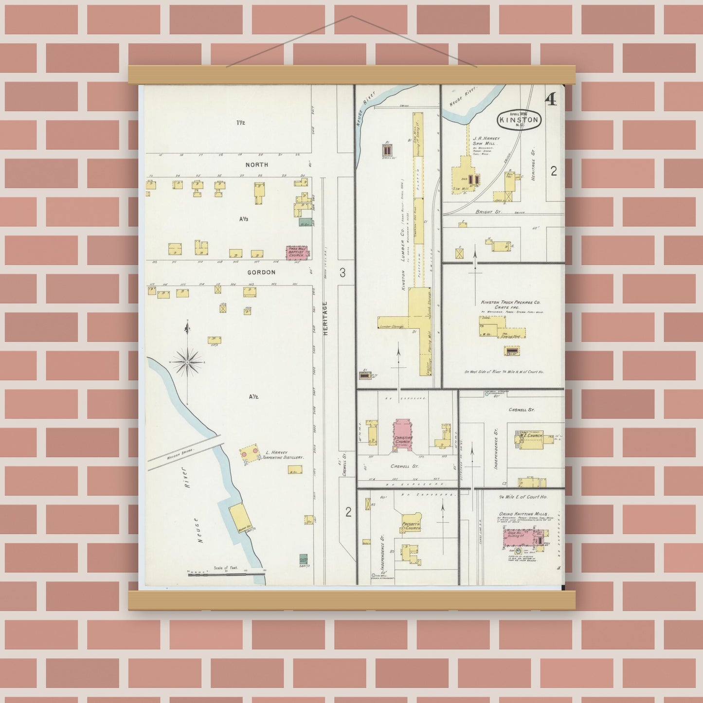 Old map wall art mockup — magnetic wood frame on brick wall — Sanborn Fire Insurance Map from Kinston, Lenoir County, North Carolina (1896), Sheet #0004