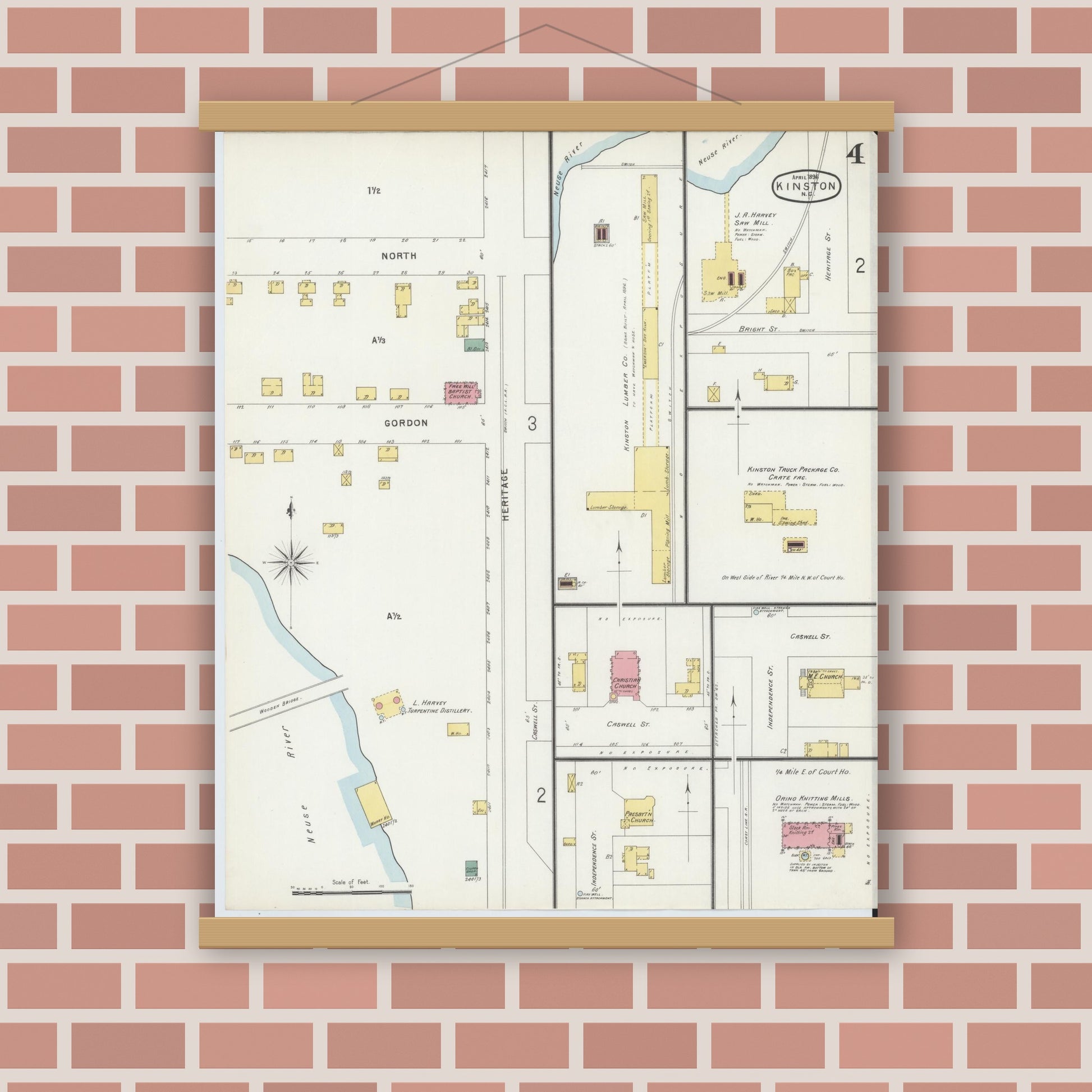 Old map wall art mockup — magnetic wood frame on brick wall — Sanborn Fire Insurance Map from Kinston, Lenoir County, North Carolina (1896), Sheet #0004