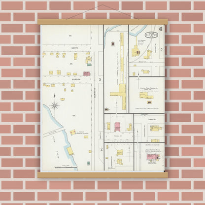 Old map wall art mockup — magnetic wood frame on brick wall — Sanborn Fire Insurance Map from Kinston, Lenoir County, North Carolina (1896), Sheet #0004